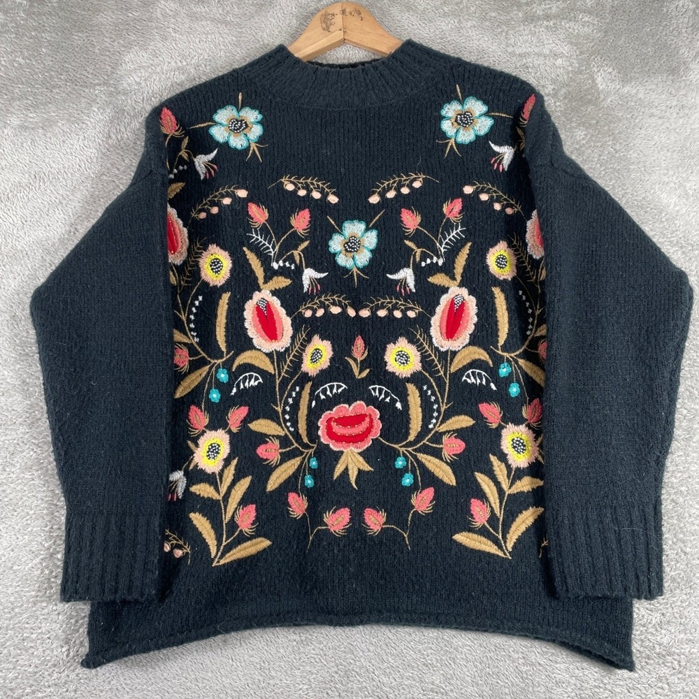 Cliche Floral Embroidered Sweater Womens Small Black Crewneck Knit Pullover Boho